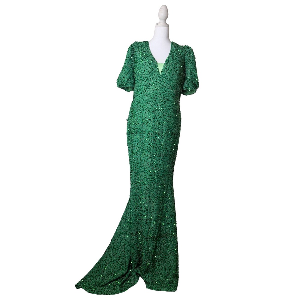 Miss Ord Gown Women 2XL Green Sequin Puff Sleeve Back Bow Formal Mermaid Dress